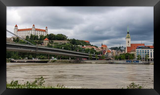 Bratislava Castle over looking the River Danube and the Most SNP Bridge Framed Print by SnapT Photography