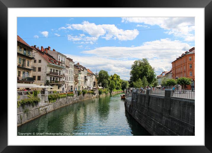 The Ljublijanica River in central Ljubljana from Cobblers Bridge, Slovenia Framed Mounted Print by SnapT Photography