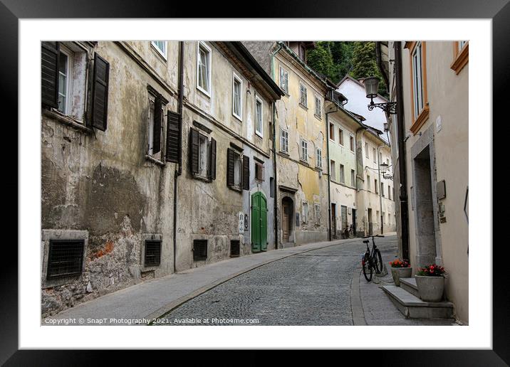 An old, historic, medieval street in Ljubljana, near Ljubljana castle, Slovenia Framed Mounted Print by SnapT Photography