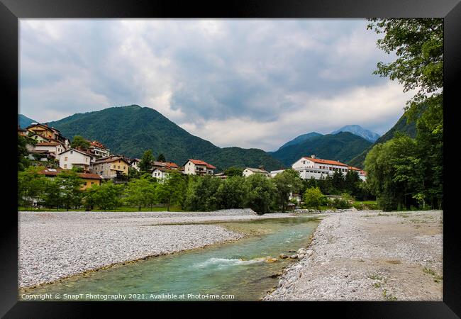 Low flows on the Tolminka River at Tolmin, with gravel bars exposed, Slovenia Framed Print by SnapT Photography