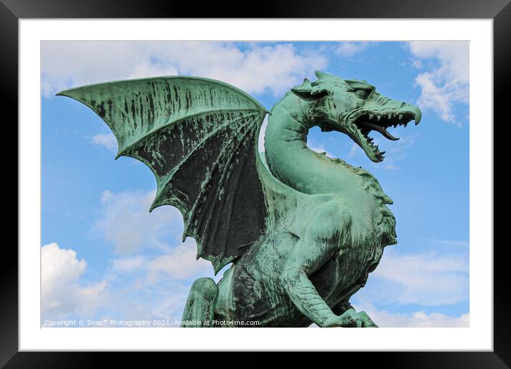 The Dragon statue at Dragon Bridge in old Medieval Ljubljana, Slovenia Framed Mounted Print by SnapT Photography
