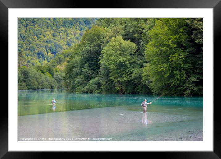Two fly fisherman fishing for Marble Trout on the Soca River at Tolmin, Slovenia Framed Mounted Print by SnapT Photography