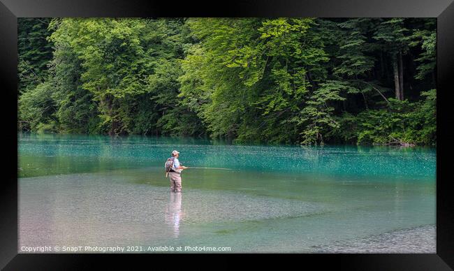 A man fly fishing for marble trout on the Soca River at Tolminka, near Tolmin, Slovenia Framed Print by SnapT Photography