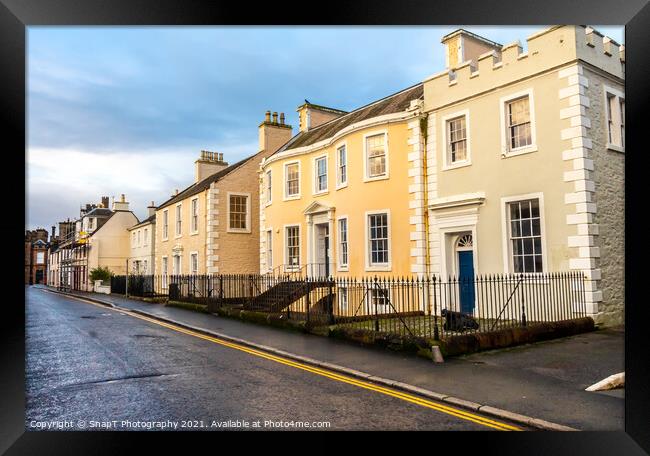 Buildings in the old High Street in Kirkcudbright, Galloway, Scotland Framed Print by SnapT Photography