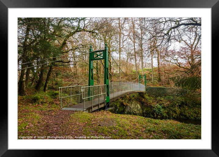 Green suspension bridge over a deep gorge and river in a forest in Scotland Framed Mounted Print by SnapT Photography
