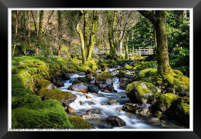 Flowing river by the Minffordd path Framed Print by Peter Taylor