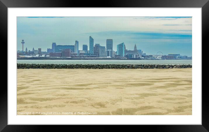 River Mersey Beach Wirral looking over to Liverpool's famous waterfront Framed Mounted Print by Phil Longfoot