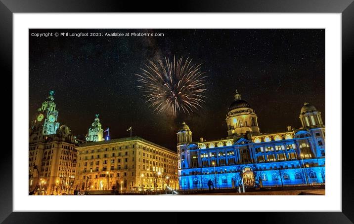 Liverpool Famous Waterfront buildings at night. Framed Mounted Print by Phil Longfoot