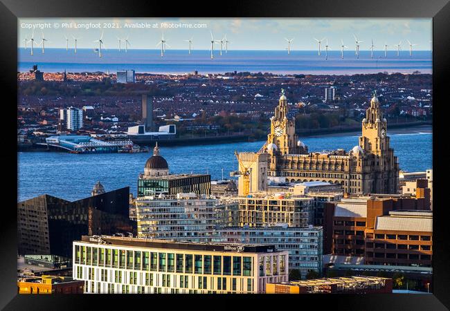 Liverpool City Centre and Wirral from roof of Cathedral  Framed Print by Phil Longfoot