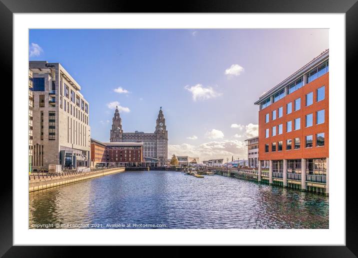 Princes Dock Liverpool looking towards Royal Liver Building Framed Mounted Print by Phil Longfoot