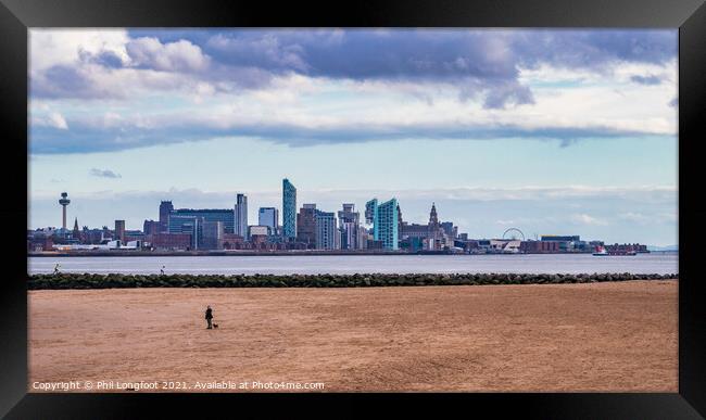 New Brighton Beach with Liverpool Cityscape and River Mersey Framed Print by Phil Longfoot