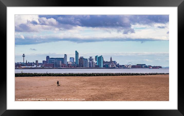New Brighton Beach with Liverpool Cityscape and River Mersey Framed Mounted Print by Phil Longfoot