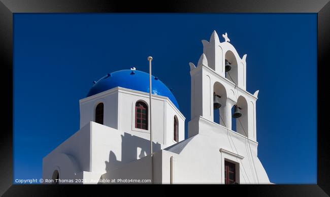 Santorini Church Dome and Bell Tower. Framed Print by Ron Thomas