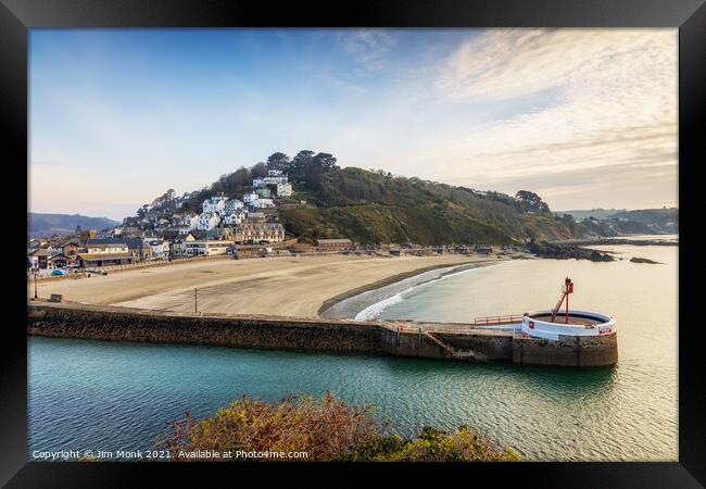 Banjo Pier Sunrise, Looe Framed Print by Jim Monk