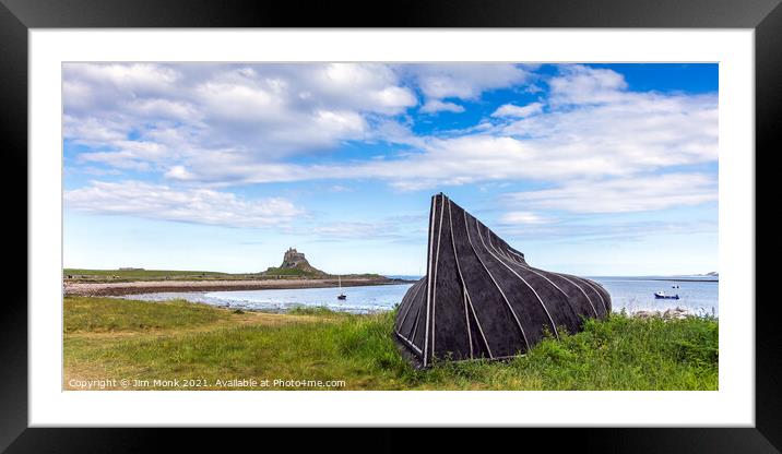 Lindisfarne Castle and boat hut Framed Mounted Print by Jim Monk