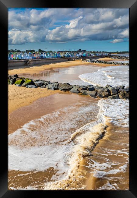 Southwold beach and rock groynes Framed Print by Jim Monk