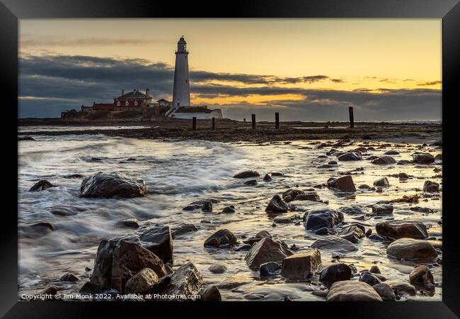 St Mary's Lighthouse at Sunrise Framed Print by Jim Monk