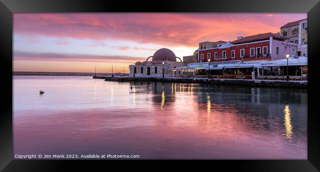 Venetian harbour Sunrise, Chania Framed Print by Jim Monk
