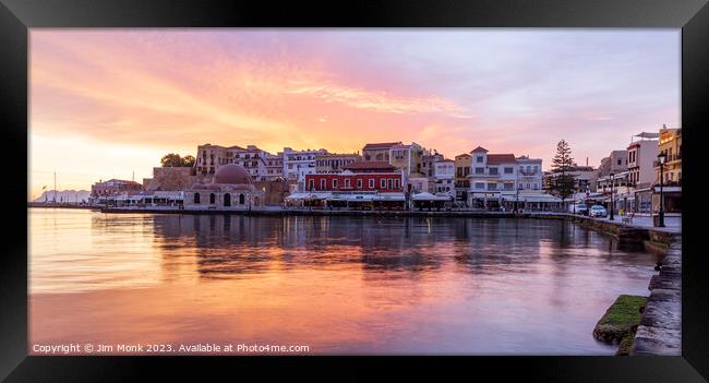 Old Venetian harbour at sunrise, Chania Framed Print by Jim Monk