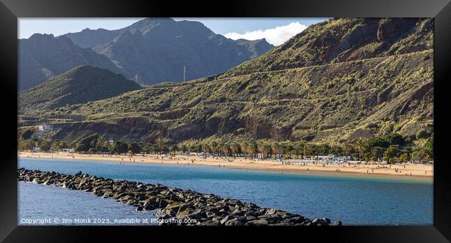 Breakwater and Beach at Playa de Las Teresitas, Tenerife Framed Print by Jim Monk