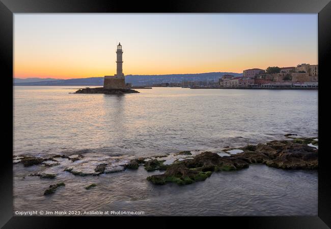 Chania Lighthouse at sunrise Framed Print by Jim Monk