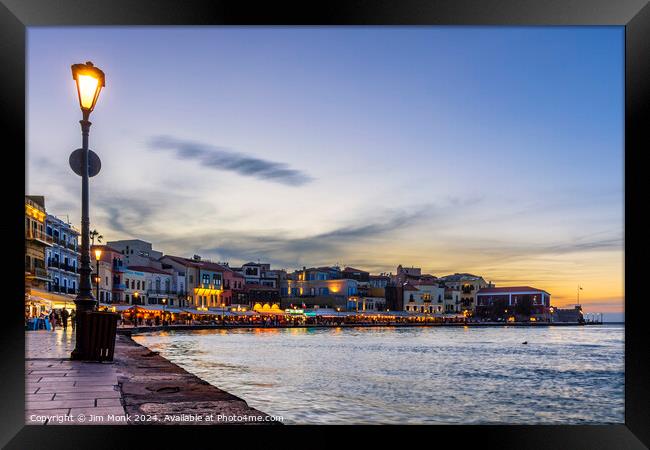 Sunset at the old venetian harbour of Chania Framed Print by Jim Monk