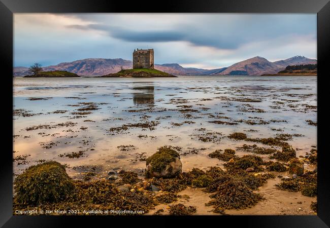 Twilight at Castle Stalker, Loch Laich Framed Print by Jim Monk