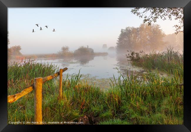 Misty Morning, Cossington Lakes Framed Print by Jim Monk