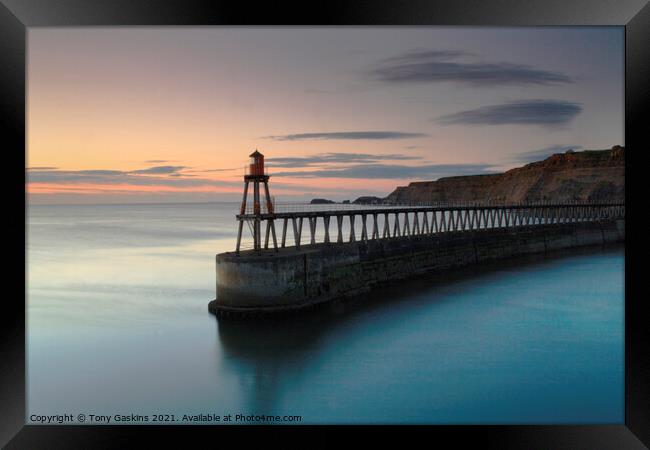 Sunrise, East Pier, Whitby North Yorkshire Framed Print by Tony Gaskins