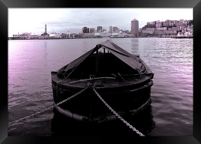 Boat on the background of the port of Genoa with t Framed Print by Andy Huckleberry Williamson III