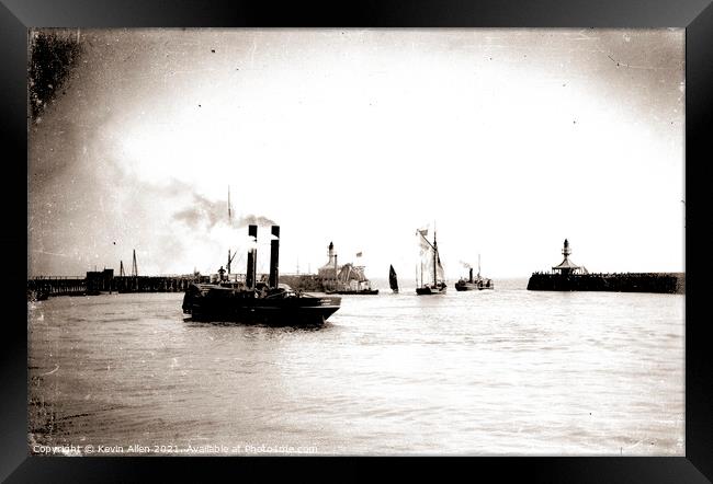 Steam tug early 1900's Lowestoft Harbour in Sepia, Framed Print by Kevin Allen