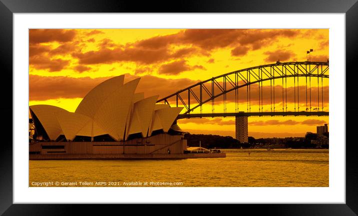 Sydney Opera House and Bridge at sunset, Australia Framed Mounted Print by Geraint Tellem ARPS