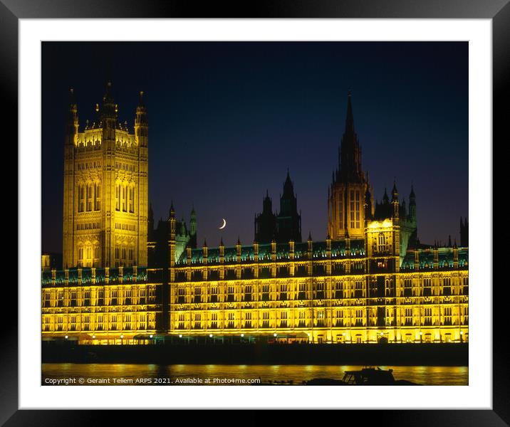 Houses of Parliament and crescent moon, Westminster, London, UK Framed Mounted Print by Geraint Tellem ARPS