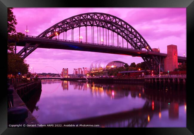 Newcastle upon Tyne at dusk, UK, featuring Tyne Bridge, Gateshead Millennium Bridge and The Sage Framed Print by Geraint Tellem ARPS