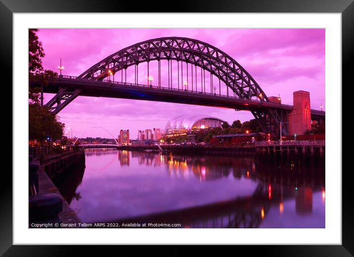Newcastle upon Tyne at dusk, UK, featuring Tyne Bridge, Gateshead Millennium Bridge and The Sage Framed Mounted Print by Geraint Tellem ARPS