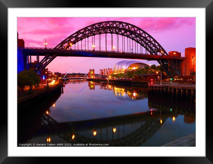 Newcastle upon Tyne at dusk, UK, featuring Tyne Bridge, Gateshead Millennium Bridge and The Sage Framed Mounted Print by Geraint Tellem ARPS