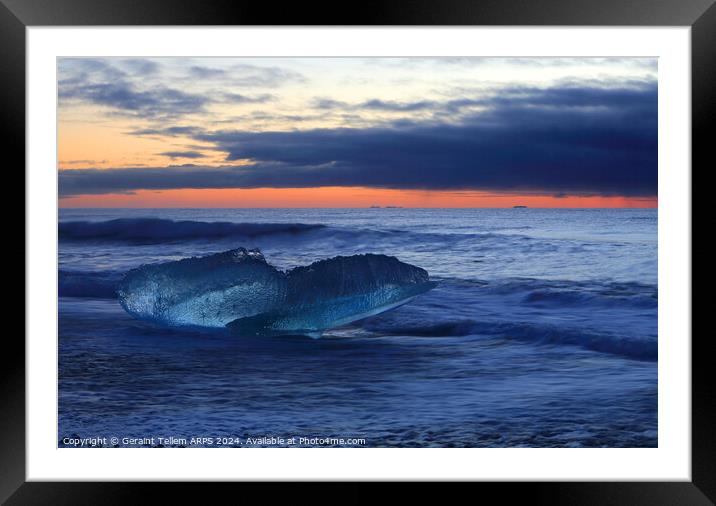 Iceberg, Diamond beach (Breiðamerkursandur) at dawn, near Jökulsárlón Glacier Lagoon, southern Iceland Framed Mounted Print by Geraint Tellem ARPS