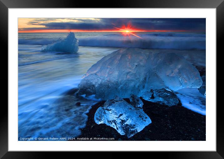 Iceberg, Diamond beach (Breiðamerkursandur) at sunrise, near Jökulsárlón Glacier Lagoon, southern Iceland Framed Mounted Print by Geraint Tellem ARPS