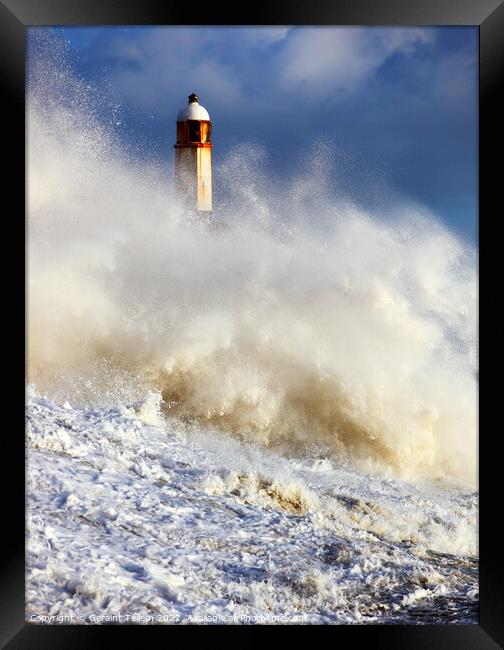 Wave breaking over Porthcawl Pier, South Wales Framed Print by Geraint Tellem ARPS