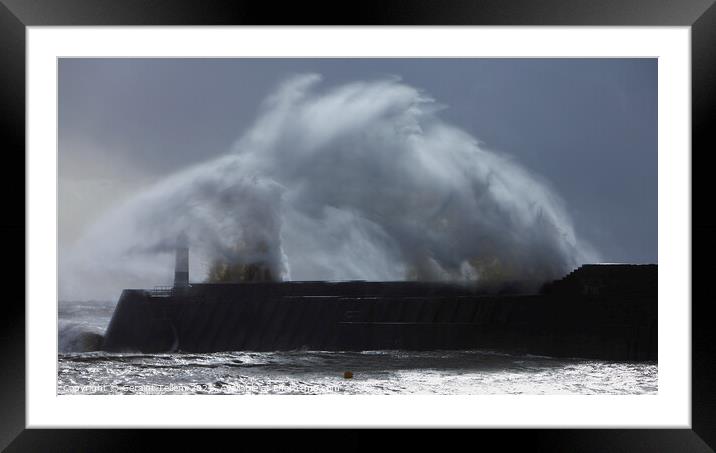 Porthcawl Pier and lighthouse, south wales, storm wave Framed Mounted Print by Geraint Tellem ARPS