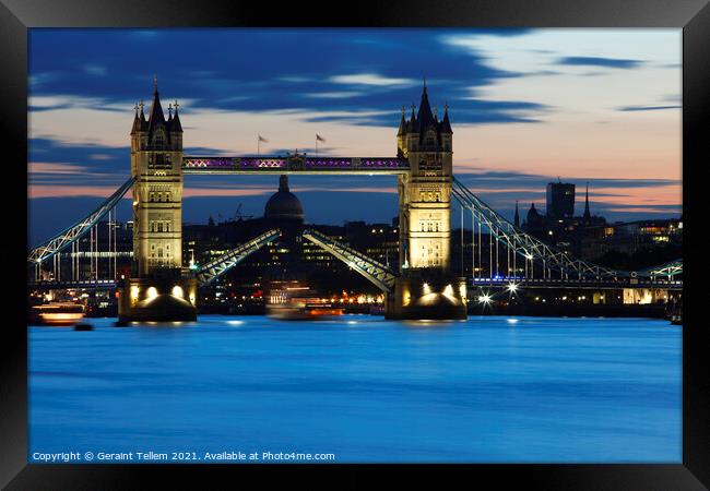 Tower Bridge being raised at dusk  Framed Print by Geraint Tellem ARPS