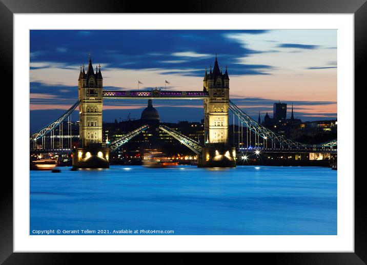 Tower Bridge being raised at dusk  Framed Mounted Print by Geraint Tellem ARPS