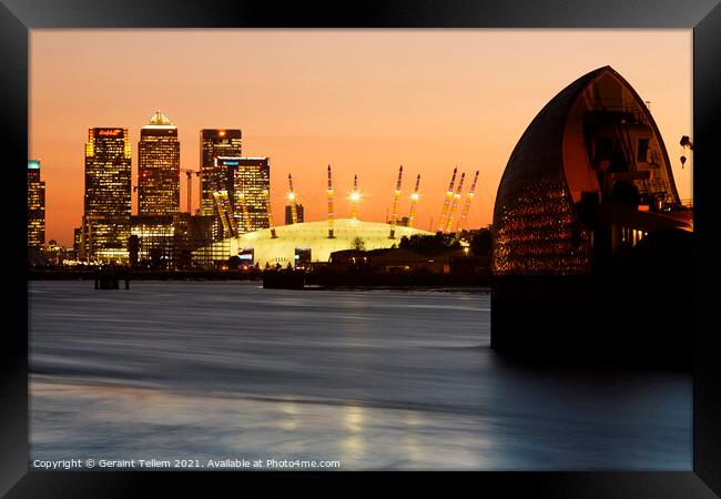 Thames Barrier, O2 and Canary Wharf at twilight, London, UK Framed Print by Geraint Tellem ARPS