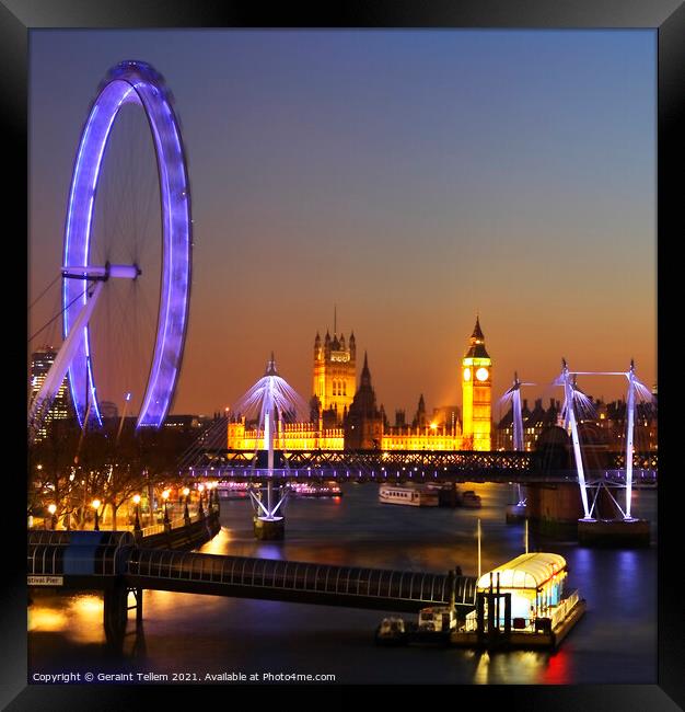 London Eye, Houses of Parliament from Waterloo Bridge, London, England, UK Framed Print by Geraint Tellem ARPS