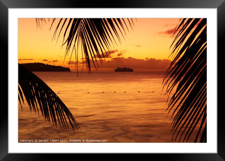 The Queen Mary II anchored off Castreis at sunset from Almond Morgan Bay, St Lucia, Caribbean Framed Mounted Print by Geraint Tellem ARPS