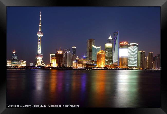 Shanghai skyline and Huangpu river at night, China Framed Print by Geraint Tellem ARPS