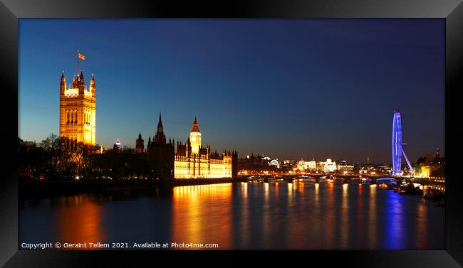 Houses of Parliament, Westminster Bridge, London Eye from Lambeth bridge at twilight, London, UK Framed Print by Geraint Tellem ARPS