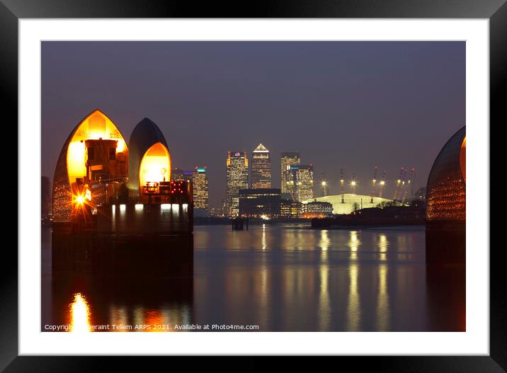 Thames Flood Barrier, O2 Building and Canary Wharf, London, England, UK Framed Mounted Print by Geraint Tellem ARPS