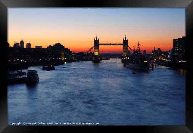 Tower Bridge, HMS Belfast and River Thames at sunrise, London, England, UK Framed Print by Geraint Tellem ARPS