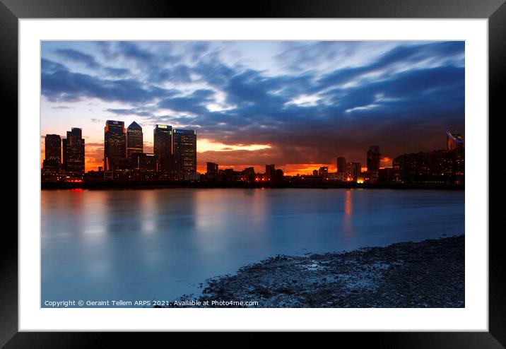 Summer twilight over Canary Wharf from Greenwich Peninsula, London, England, UK Framed Mounted Print by Geraint Tellem ARPS